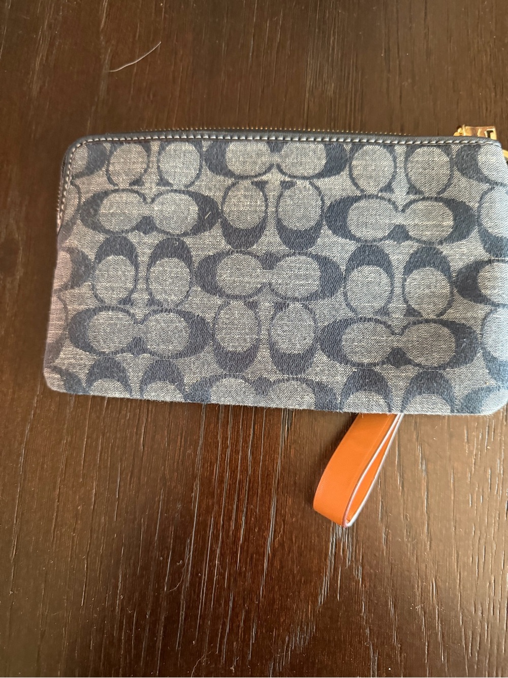 Classic Signature Zip Wristlet - Blue with tan Strap